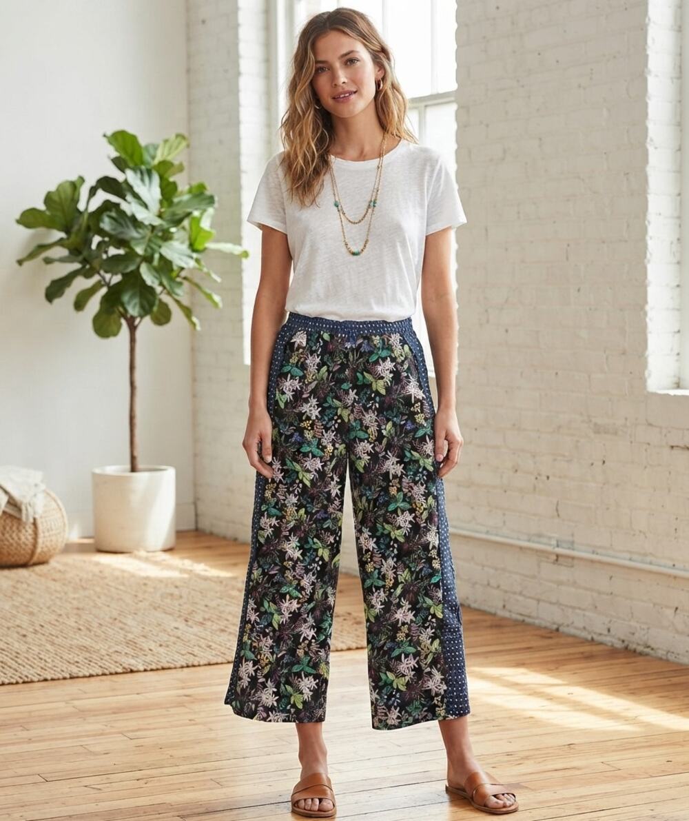 Ett:Twa by Anthropologie Boho Botanical Floral Viscose Wide Leg Pull On Pants XS